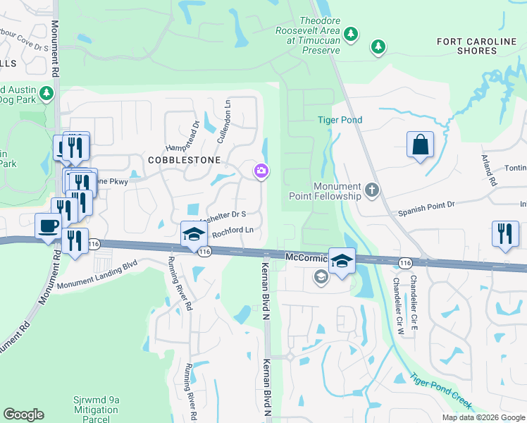 map of restaurants, bars, coffee shops, grocery stores, and more near 12452 Safeshelter Drive South in Jacksonville