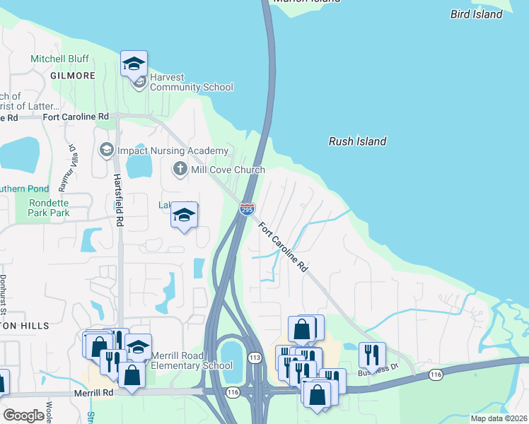 map of restaurants, bars, coffee shops, grocery stores, and more near 9009 Fort Caroline Road in Jacksonville