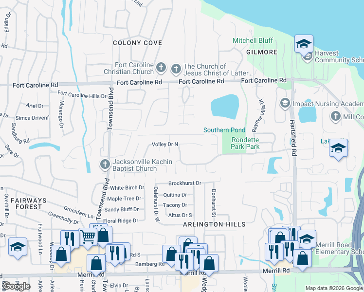 map of restaurants, bars, coffee shops, grocery stores, and more near 3421 Lawn Tennis Drive in Jacksonville