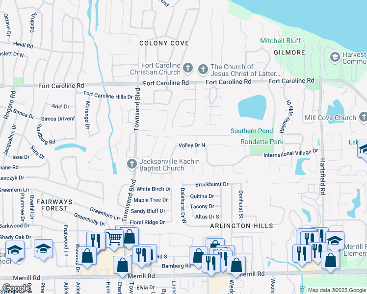 map of restaurants, bars, coffee shops, grocery stores, and more near 3414 Volley Court in Jacksonville