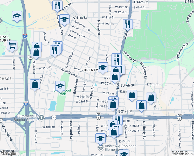map of restaurants, bars, coffee shops, grocery stores, and more near 225 West 27th Street in Jacksonville