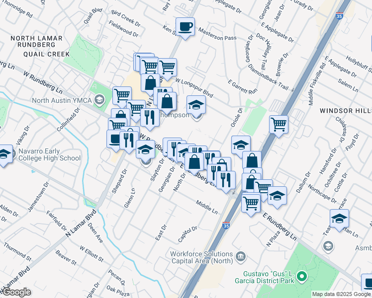 map of restaurants, bars, coffee shops, grocery stores, and more near 204 East Rundberg Lane in Austin