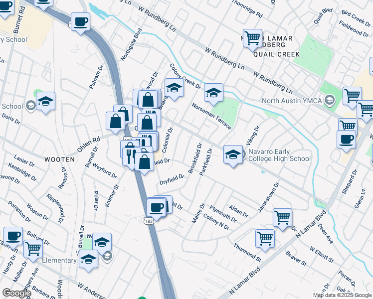 map of restaurants, bars, coffee shops, grocery stores, and more near 8700 Redfield Lane in Austin