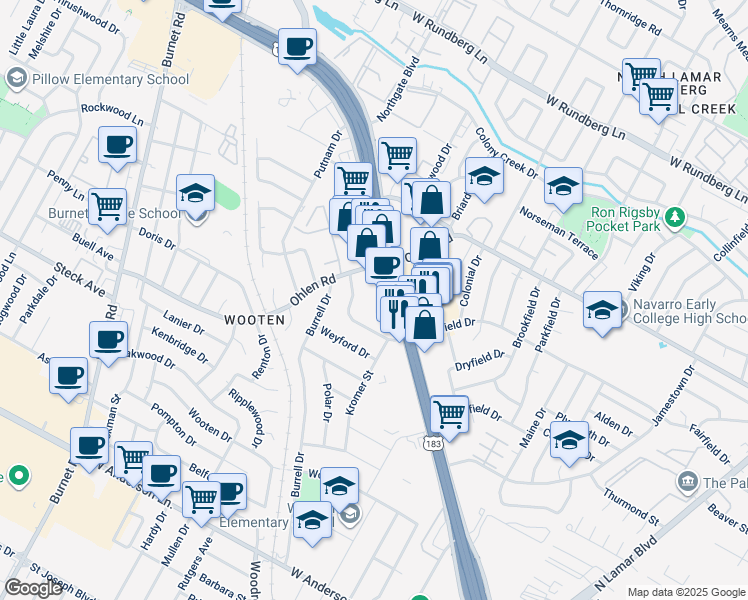 map of restaurants, bars, coffee shops, grocery stores, and more near 8566 Research Boulevard in Austin