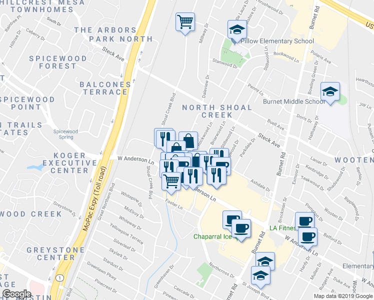 map of restaurants, bars, coffee shops, grocery stores, and more near 2907 Ashdale Drive in Austin