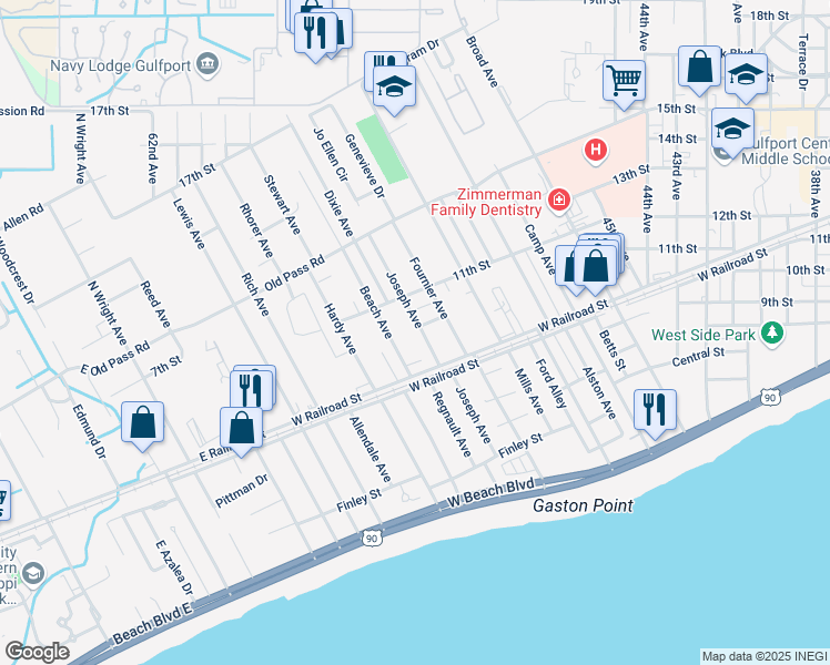 map of restaurants, bars, coffee shops, grocery stores, and more near 1031 Joseph Avenue in Gulfport