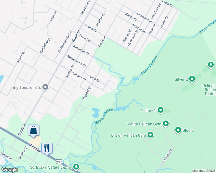map of restaurants, bars, coffee shops, grocery stores, and more near 558 Lane Street in Mandeville