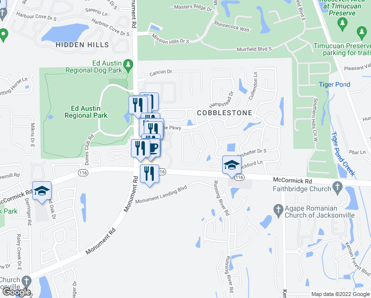 map of restaurants, bars, coffee shops, grocery stores, and more near Cobblestone Forest Cir W in Jacksonville