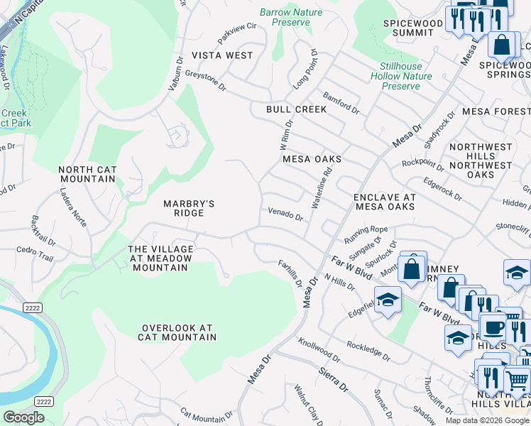 map of restaurants, bars, coffee shops, grocery stores, and more near 7103 West Rim Drive in Austin
