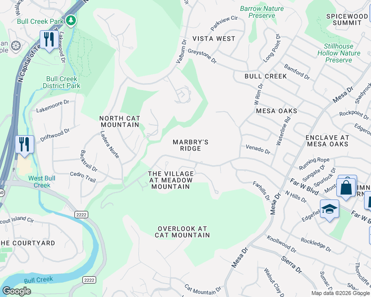 map of restaurants, bars, coffee shops, grocery stores, and more near 6812 Marbry's Ridge Cove in Austin