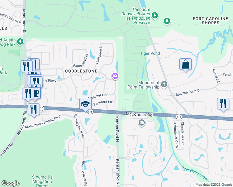 map of restaurants, bars, coffee shops, grocery stores, and more near 12452 Safeshelter Drive South in Jacksonville