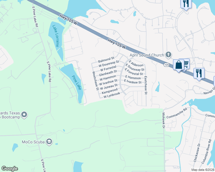 map of restaurants, bars, coffee shops, grocery stores, and more near 16900 Kempwood in Montgomery