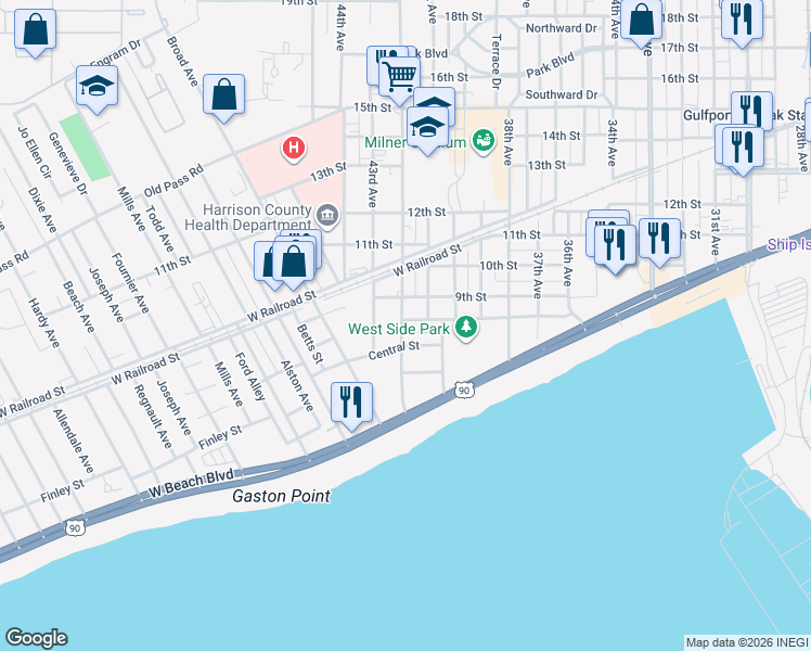 map of restaurants, bars, coffee shops, grocery stores, and more near 4100 Central St in Gulfport