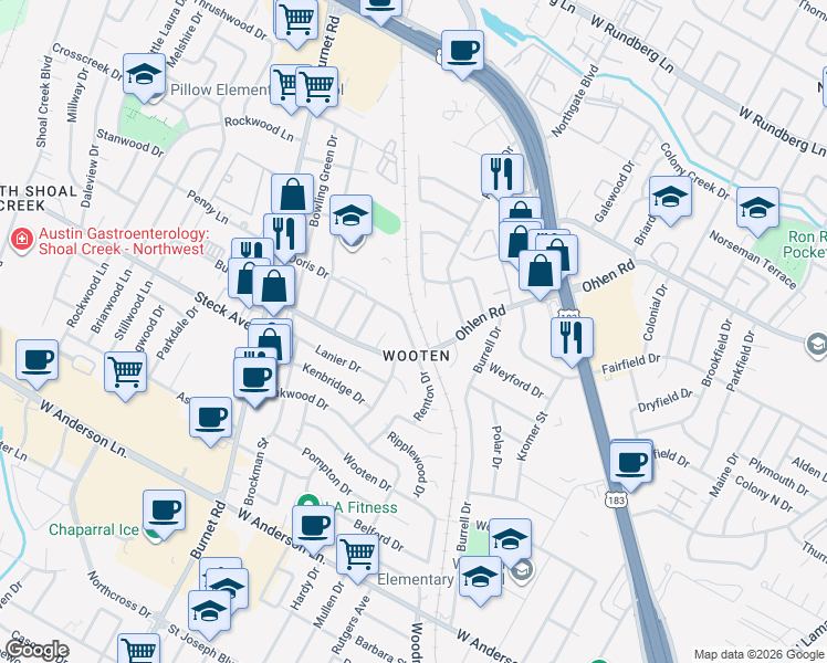 map of restaurants, bars, coffee shops, grocery stores, and more near 8302 Renton Drive in Austin
