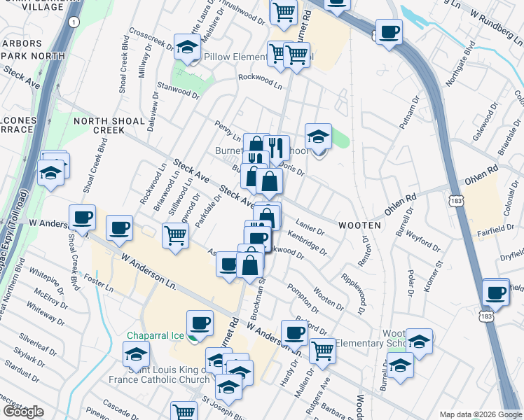 map of restaurants, bars, coffee shops, grocery stores, and more near Burnet Rd & Steck Ave in Austin