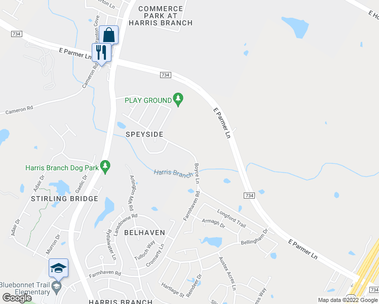 map of restaurants, bars, coffee shops, grocery stores, and more near Boyce Ln in Travis