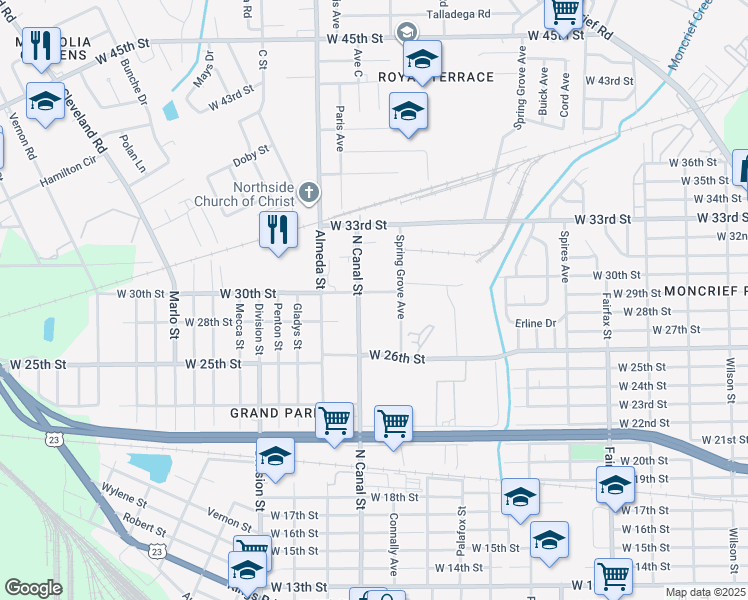 map of restaurants, bars, coffee shops, grocery stores, and more near 2180 W 30th St in Jacksonville