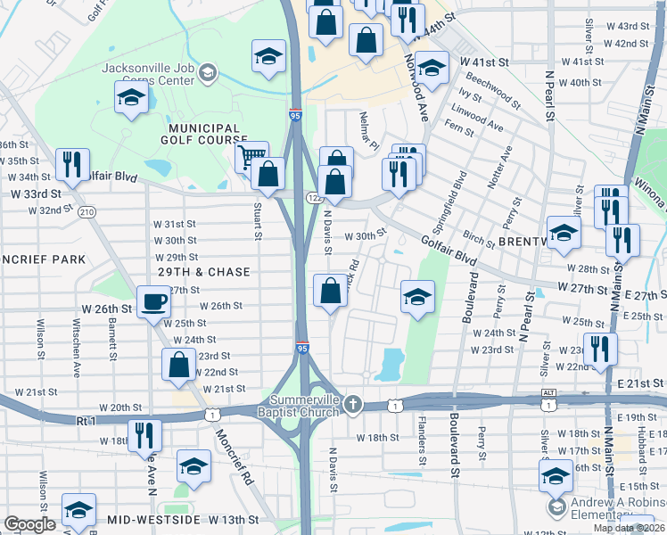 map of restaurants, bars, coffee shops, grocery stores, and more near 3716 North Davis Street in Jacksonville
