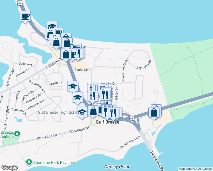 map of restaurants, bars, coffee shops, grocery stores, and more near 194 Stearns Street in Gulf Breeze