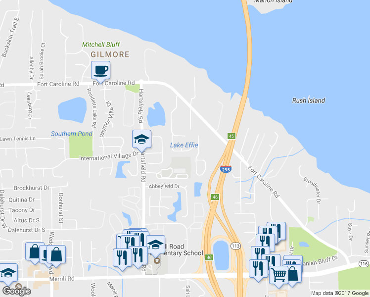 map of restaurants, bars, coffee shops, grocery stores, and more near 3422 Shauna Oaks Drive in Jacksonville