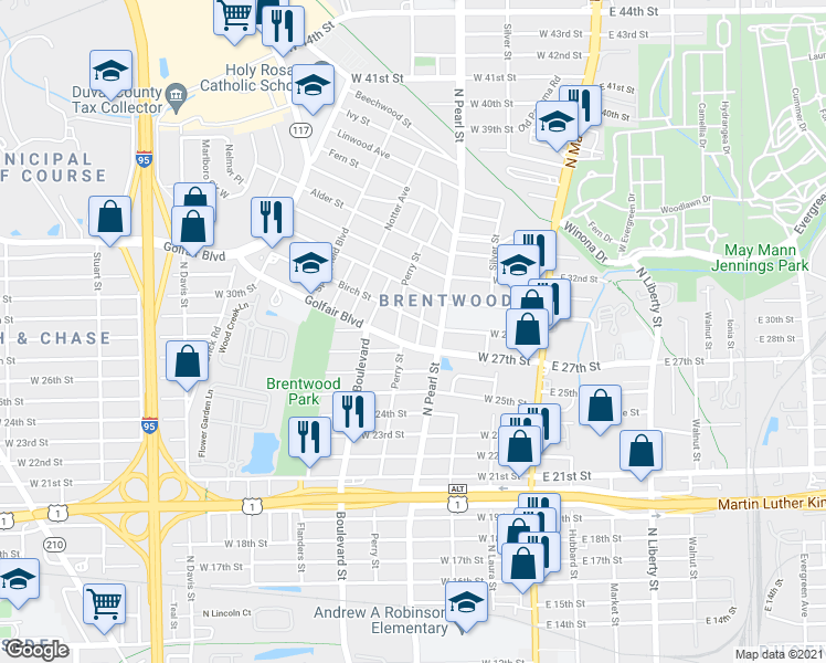 map of restaurants, bars, coffee shops, grocery stores, and more near 333 Golfair Boulevard in Jacksonville
