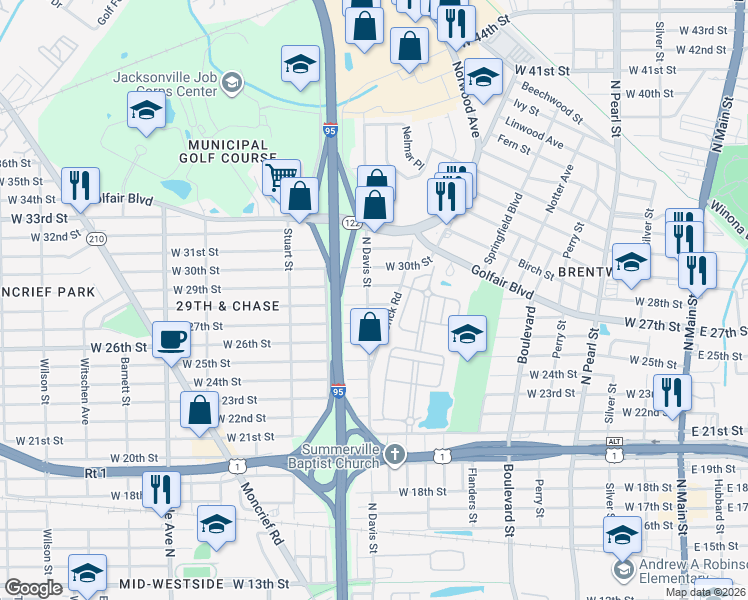 map of restaurants, bars, coffee shops, grocery stores, and more near 3716 North Davis Street in Jacksonville