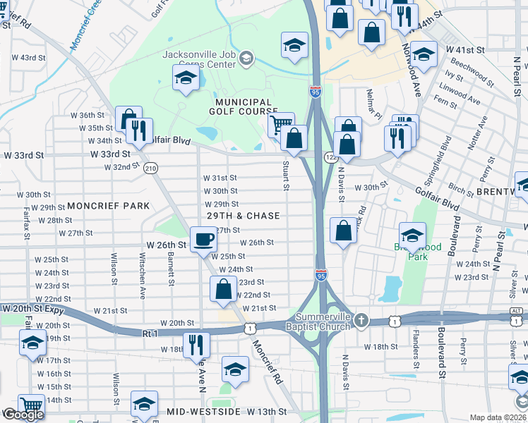 map of restaurants, bars, coffee shops, grocery stores, and more near 1130 West 28th Street in Jacksonville