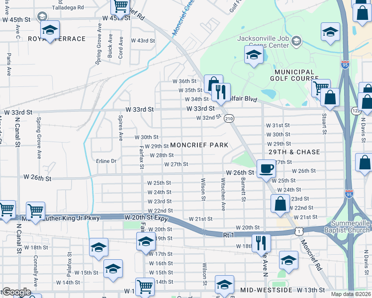 map of restaurants, bars, coffee shops, grocery stores, and more near 1581 West 28th Street in Jacksonville