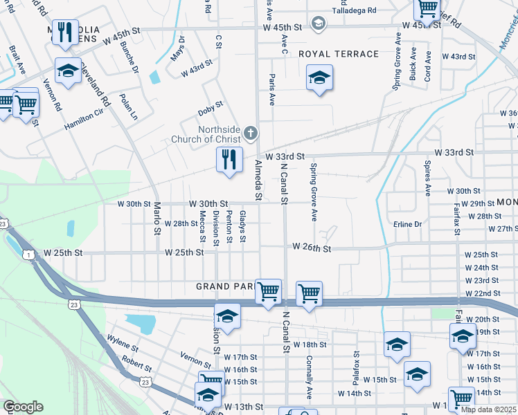 map of restaurants, bars, coffee shops, grocery stores, and more near 3818 Almeda Street in Jacksonville