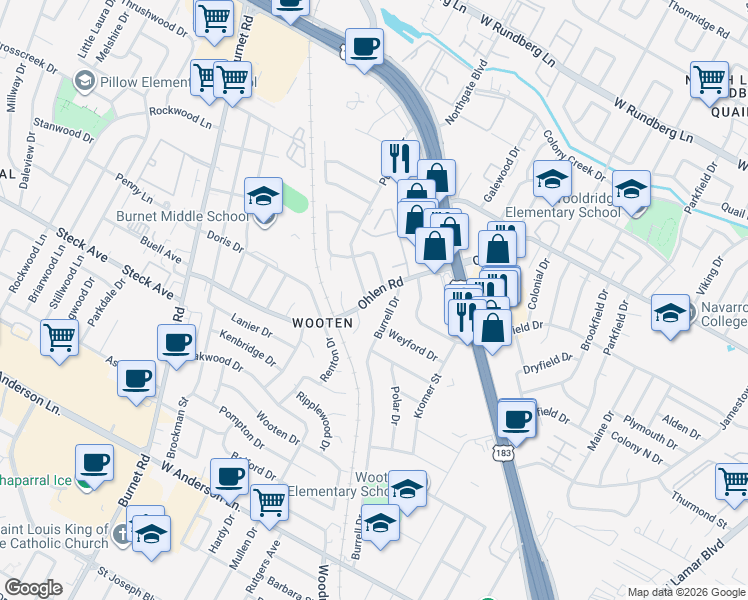 map of restaurants, bars, coffee shops, grocery stores, and more near 8506 Burrell Drive in Austin