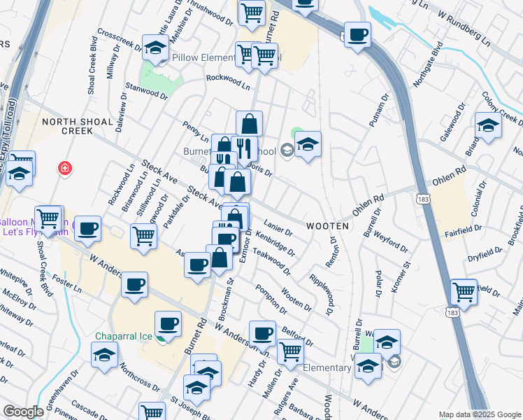 map of restaurants, bars, coffee shops, grocery stores, and more near 2213 Lanier Drive in Austin