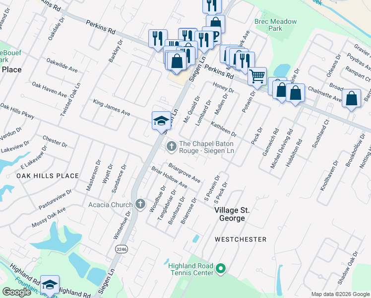 map of restaurants, bars, coffee shops, grocery stores, and more near 13310 Natchez Court in Baton Rouge