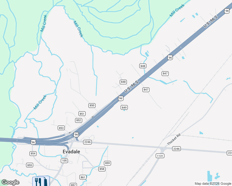 map of restaurants, bars, coffee shops, grocery stores, and more near 210 County Road 848 in Evadale