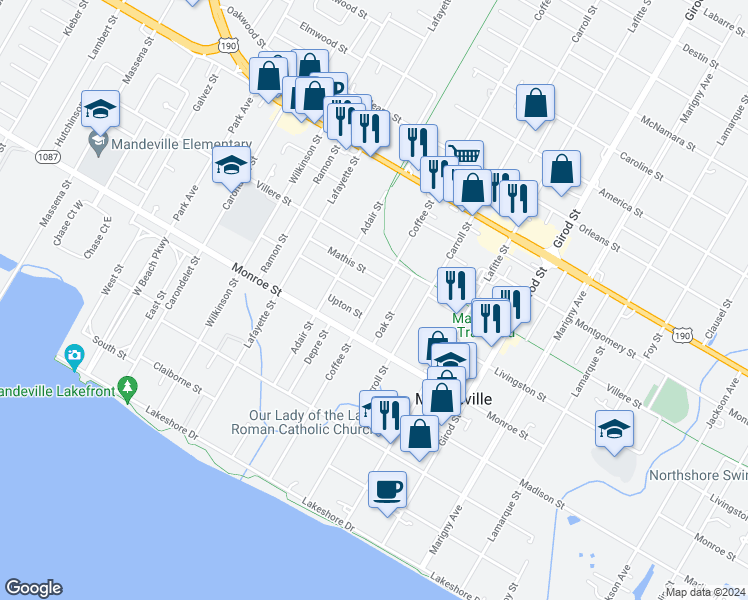 map of restaurants, bars, coffee shops, grocery stores, and more near Livingston Street in Mandeville