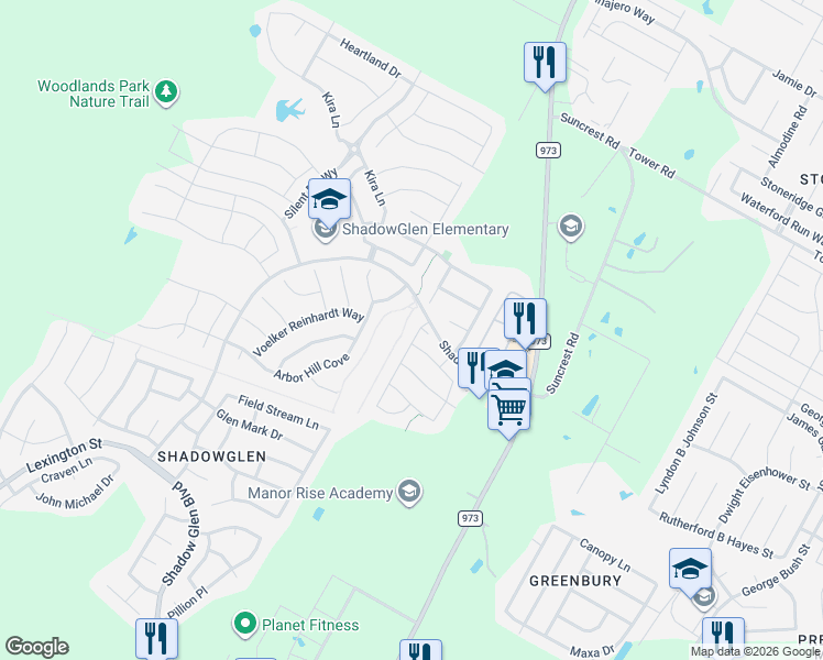 map of restaurants, bars, coffee shops, grocery stores, and more near 13810 Rosebud Isle Drive in Manor