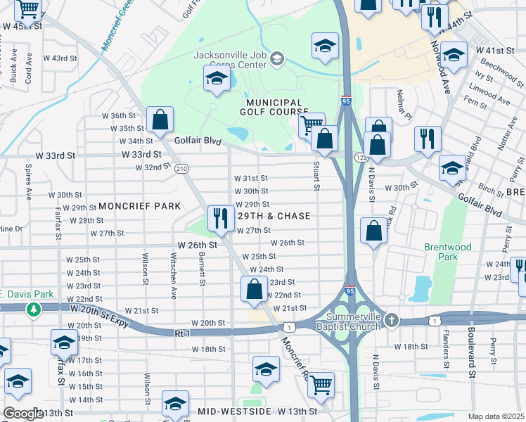 map of restaurants, bars, coffee shops, grocery stores, and more near 1194 West 28th Street in Jacksonville