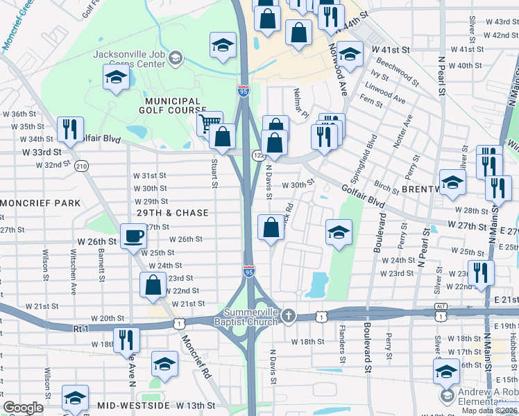 map of restaurants, bars, coffee shops, grocery stores, and more near 925 West 28th Street in Jacksonville