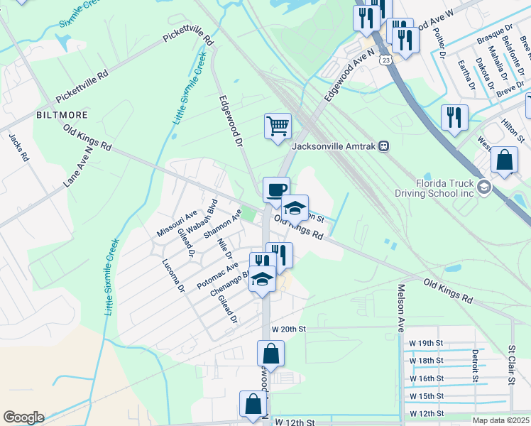 map of restaurants, bars, coffee shops, grocery stores, and more near Edgewood Avenue North & North Old Kings Road in Jacksonville
