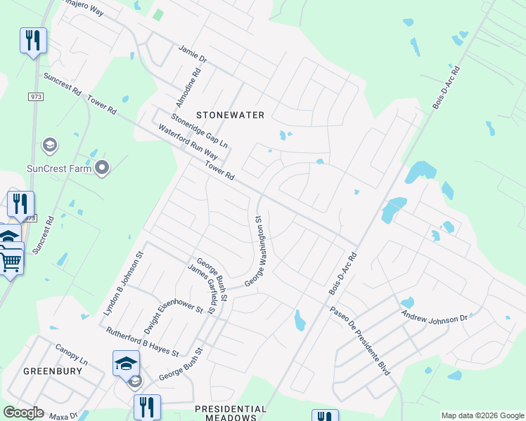 map of restaurants, bars, coffee shops, grocery stores, and more near 18708 Rushmore Street in Manor