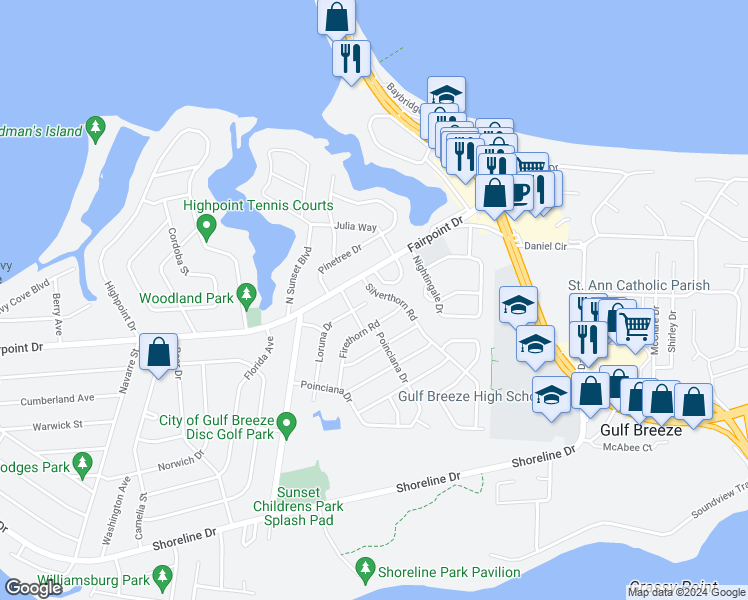 map of restaurants, bars, coffee shops, grocery stores, and more near 101 Silverthorn Road in Gulf Breeze