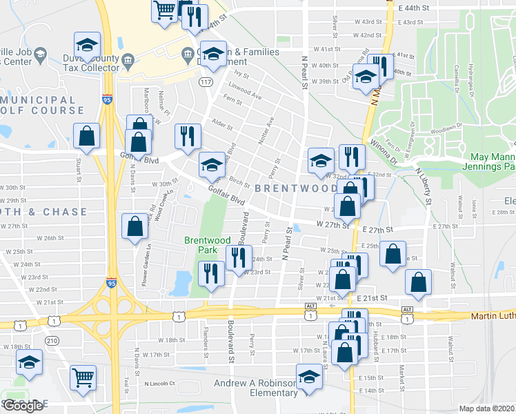 map of restaurants, bars, coffee shops, grocery stores, and more near 432 Golfair Boulevard in Jacksonville