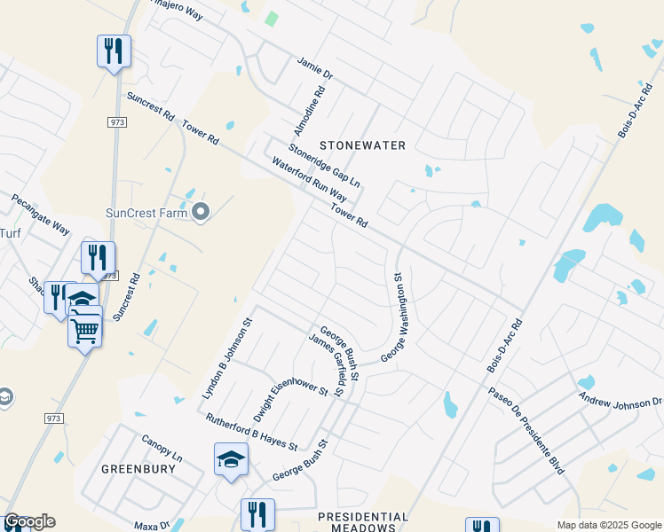 map of restaurants, bars, coffee shops, grocery stores, and more near 14300 James Buchanan Street in Manor