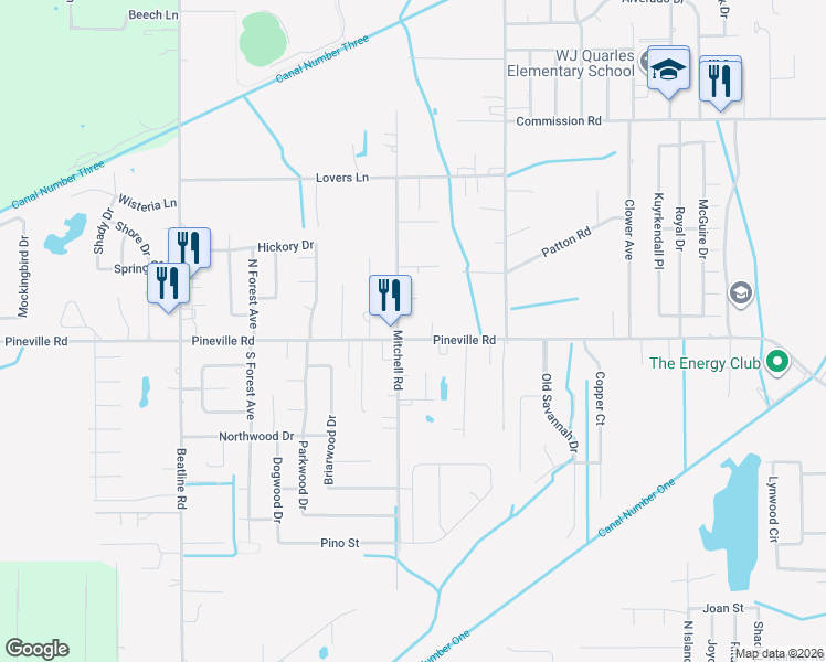 map of restaurants, bars, coffee shops, grocery stores, and more near 20096 Pineville Road in Long Beach