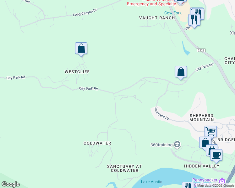 map of restaurants, bars, coffee shops, grocery stores, and more near 7426 Bridge Point Parkway in Austin