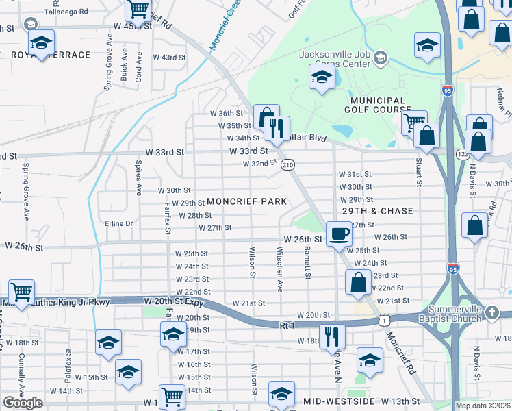 map of restaurants, bars, coffee shops, grocery stores, and more near 1521 West 28th Street in Jacksonville