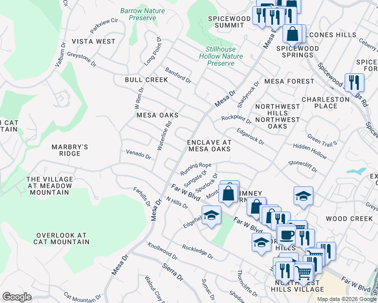 map of restaurants, bars, coffee shops, grocery stores, and more near 7200 Mesa Drive in Austin