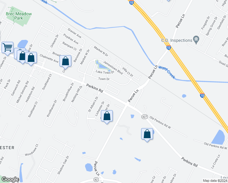 map of restaurants, bars, coffee shops, grocery stores, and more near 14829 Kingsland Way in Baton Rouge