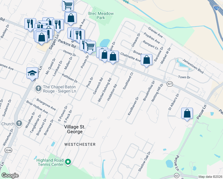 map of restaurants, bars, coffee shops, grocery stores, and more near 1757 Hobbiton Road in Baton Rouge