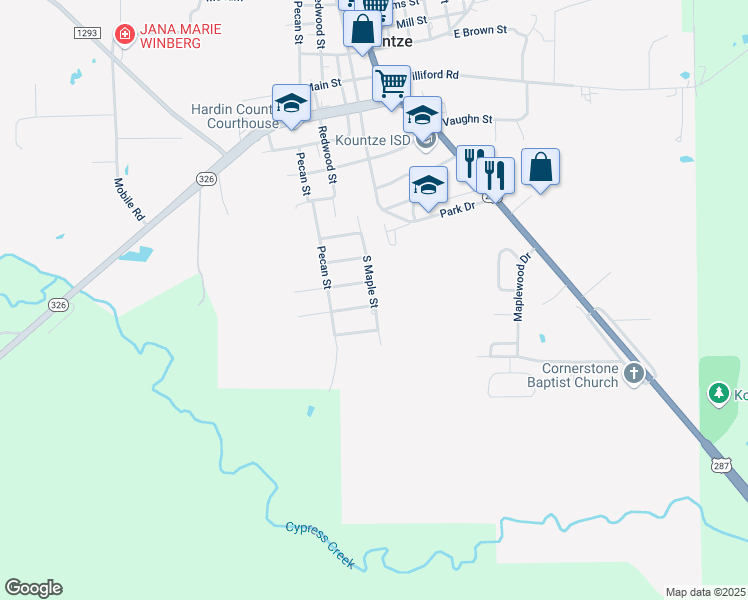 map of restaurants, bars, coffee shops, grocery stores, and more near 1705 South Maple Street in Kountze