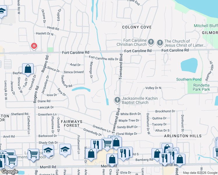 map of restaurants, bars, coffee shops, grocery stores, and more near 3390 Millcrest Place in Jacksonville